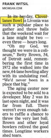 Cloverlanes Bowl - May 2015 Article On Sale (newer photo)